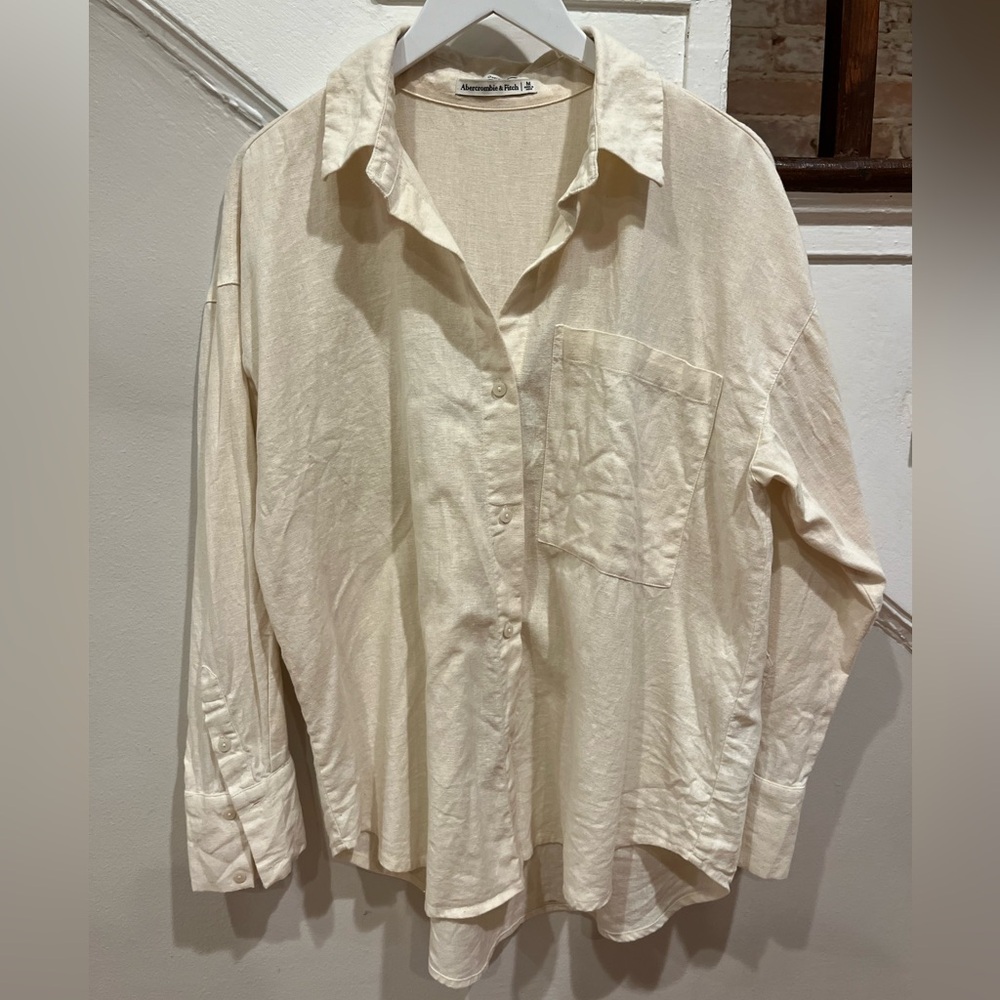 Abercrombie linen blend oversized button down shirt, beige/oatmeal, medium